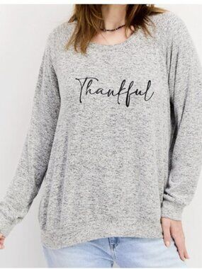 Buffalo David Bitton New Women's Long Sleeve Crewneck Thankful Gray Sweatshirt